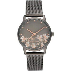 Nine West Womens Gunmetal Mesh Bracelet Watch Floral Dial Rose Gold Accents